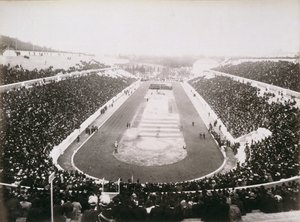 Uitzicht op de eerste officiële Olympische Spelen in Athene, 1896
